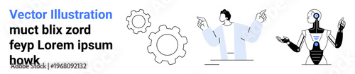 Innovation, artificial intelligence, teamwork, robotics, problem-solving, data integration. Scientist, robot and gears together. Innovation and artificial intelligence concepts