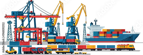Industrial shipping and cargo transportation illustration with cranes, ships, trains, and trucks at a port
