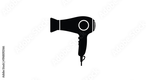 A simple black silhouette depicts a modern hair dryer commonly used for styling hair high quality