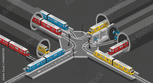 Modern Subway System Junction with Multiple Trains Arriving and Departing.
