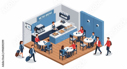 Isometric cafe interior with customers and baristas.