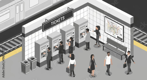 People buying tickets at a subway station ticket machines.