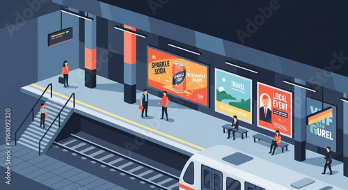 Isometric Subway Station Platform with Advertisements and Passengers.
