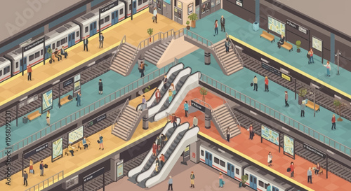 Isometric Subway Station with Escalators and Trains.