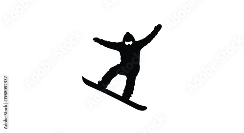 A silhouetted snowboarder is captured mid air performing a trick on a snowy mountain high quality