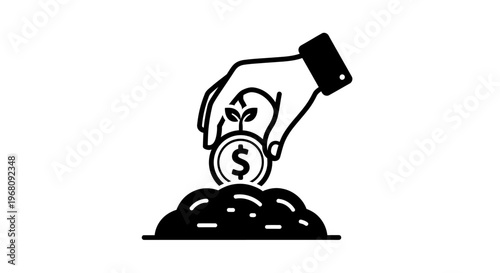 A hand planting a coin with a sprout in a pile of earth.