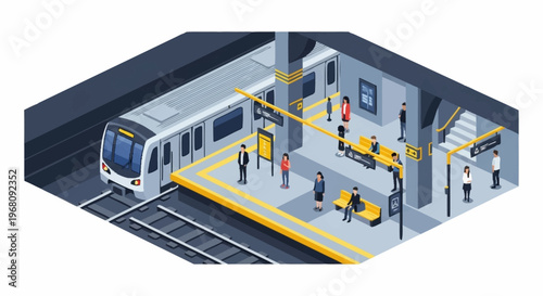 Isometric Subway Station Platform with Train and Passengers.