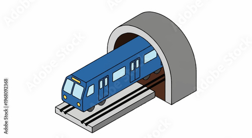 Blue train emerging from a concrete tunnel on tracks.
