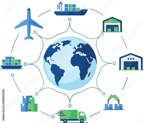 Global logistics and supply chain management connecting continents with various transportation modes