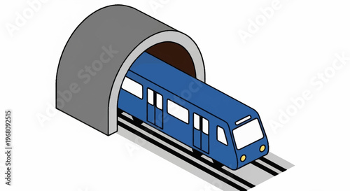 Blue Train Emerging From Concrete Tunnel Isometric View.
