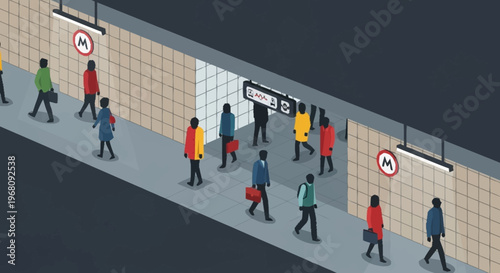 Diverse group of people walking on a subway platform.