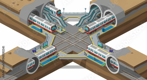 Underground Subway Train Intersection Illustration.