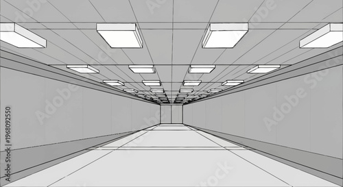 Illuminated Corridor Perspective Drawing with Fluorescent Lights.