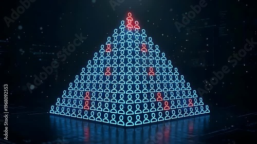 Digital Pyramid of Blue Neon People Icons with Red Impostor Symbols on Dark Futuristic Background with Data Streams and Particles