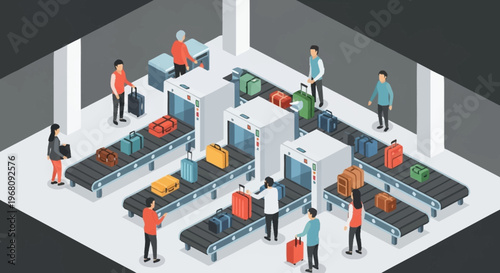 Airport Security Checkpoint with Luggage and Travelers.