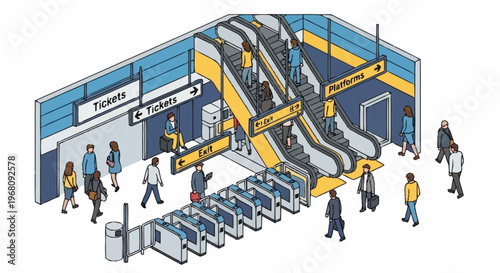 People using escalators and ticket gates in a modern transit station.
