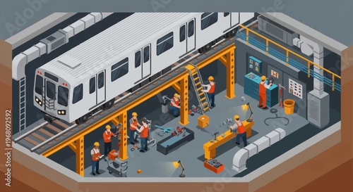 Subway Train Maintenance Workshop with Workers and Equipment.