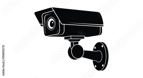 A black and white illustration depicting a modern security camera mounted on a wall bracket