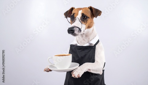 A Jack Russell Terrier, dressed in an apron and glasses, holds a coffee cup on a saucer, against a white backdrop