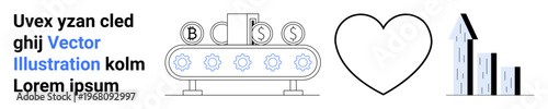 Cryptocurrency systems, financial growth, fintech, blockchain, investment trends, digital currency exchange. A conveyor belt with crypto symbols, a heart shape and a growth bar chart. Cryptocurrency