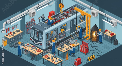 Train maintenance workshop with workers repairing a subway car.