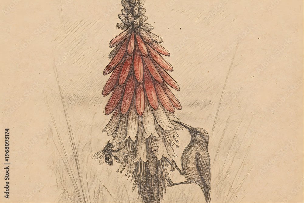 Naklejka premium Detailed vintage sketch of a Red Hot Poker flower with a pollinating bird and a bee on aged paper