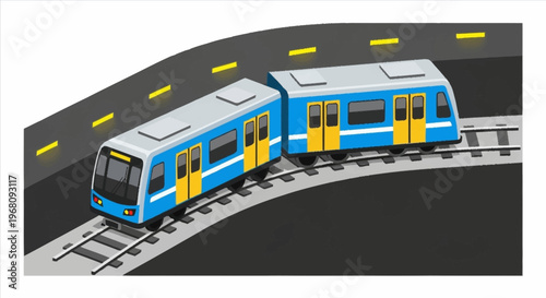 Modern Blue Subway Train on Tracks.