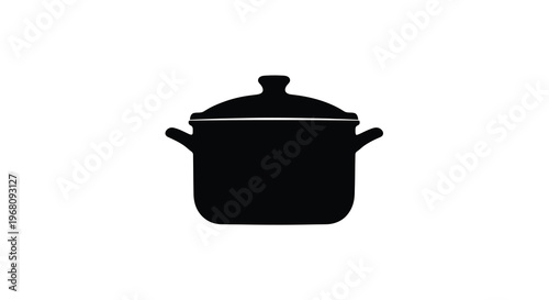 A simple black silhouette of a cooking pot with a lid and handles is shown