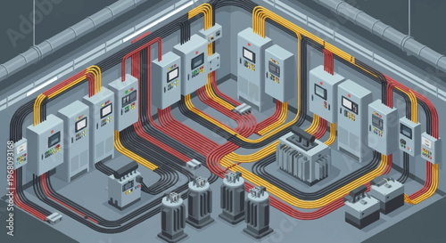 Industrial Electrical Control Room with Complex Wiring System.