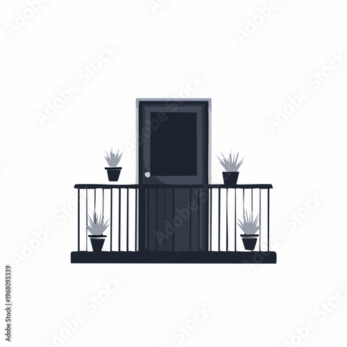 Black door with potted plants on balcony.