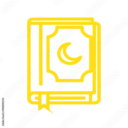 A yellow line art icon of a book with a crescent moon on its cover and a ribbon bookmark. It is ideal for concepts involving Islamic spirituality.
