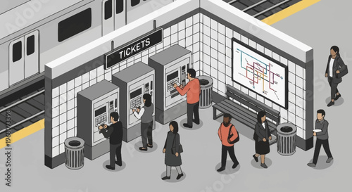 People buying tickets at subway station using machines.