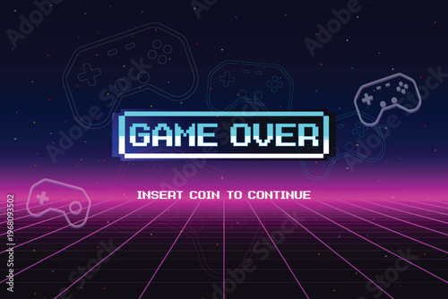 GAME OVER. Pixel art 8-bit. Modern trendy game background with lighting effect. for game assets in vector illustrations.