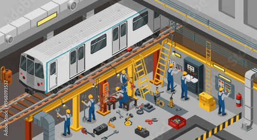 Subway Train Maintenance Crew Working on Tracks.