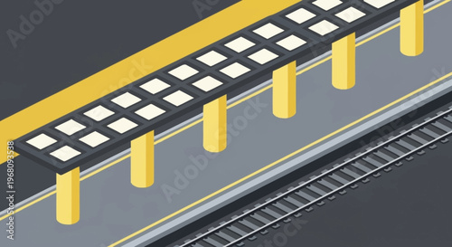 Isometric view of a modern train station platform with solar panels.