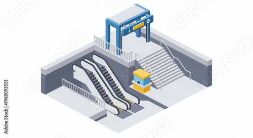 Isometric Subway Station Entrance with Escalators and Stairs.