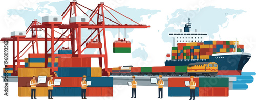 Global shipping and logistics network connecting worldwide trade with container ships and cargo trains