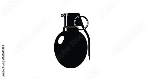 A stark black silhouette depicts a classic hand grenade emphasizing its form and potential danger