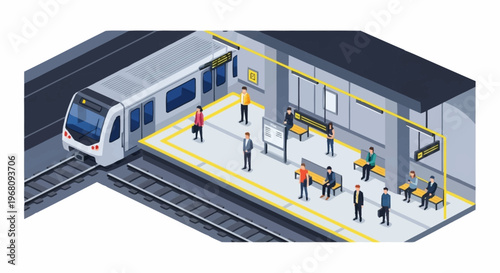 Modern Subway Station with Commuters Waiting for Train.