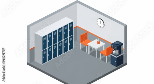 Isometric view of a modern office break room with lockers and seating.