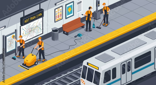 Subway Station Cleaning Crew Working Diligently.
