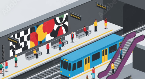 Modern Subway Station Platform with Blue Train and People.