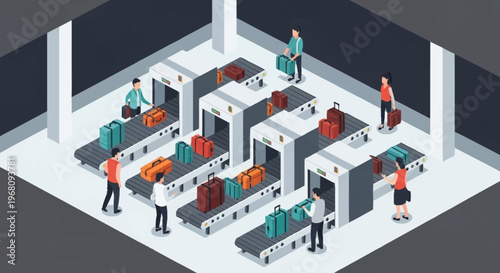 Airport Security Checkpoint with Luggage and Travelers.