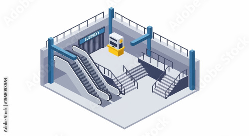 Isometric Subway Station Entrance with Escalators and Stairs.