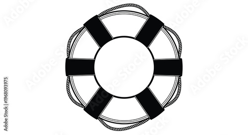 A minimalist black and white illustration depicts a classic life preserver or life ring high quality
