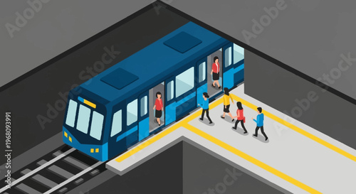 Isometric view of a modern subway train at a station platform with passengers boarding.