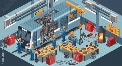 Train Maintenance Workshop with Technicians Working on Subway.