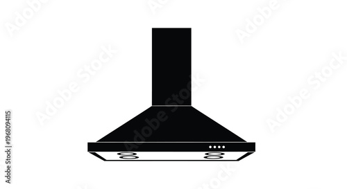 A minimalist black and white illustration depicts a modern kitchen range hood centered on a white background