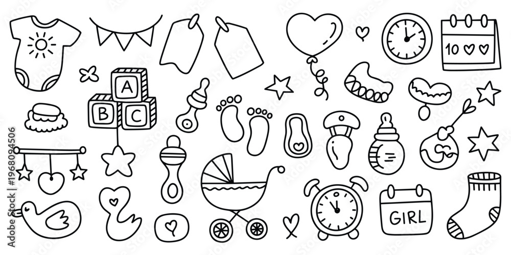 Fototapeta premium Baby Shower Doodle Elements Collection With Clothing Toys And Accessories vector illustration