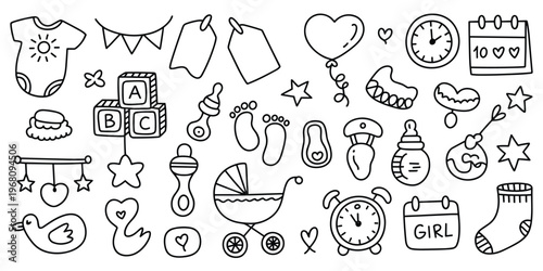 Baby Shower Doodle Elements Collection With Clothing Toys And Accessories vector illustration
